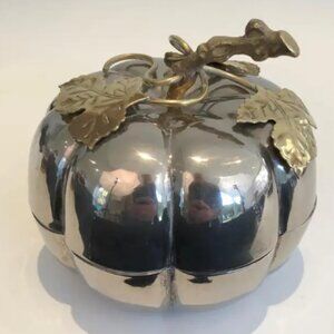 Vintage Heavy Pewter Brass Pumpkin Ice Bucket, French, Marked